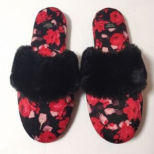 Victoria’s Secret Signature Satin Slippers Floral Faux Fur Slip-On Flats Medium